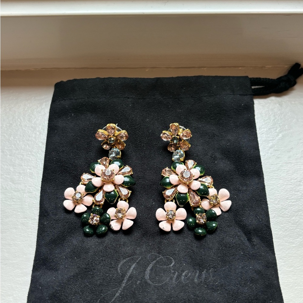J. Crew Pink and Dark Green Floral Drop Earrings
